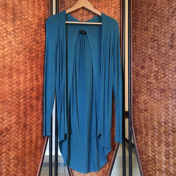 Peacock Blue Pleated Knit Open Waterfall Cardigan - Picture 1 of 15